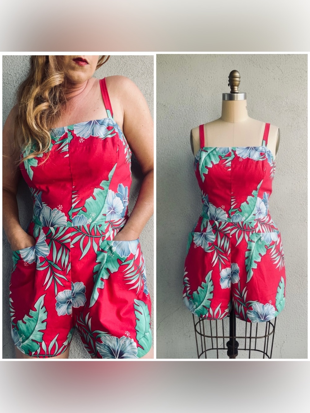 Vintage 60s Paradise Hawaii Red Tropical Hibiscus Swimsuit Romper Playsuit Tiki